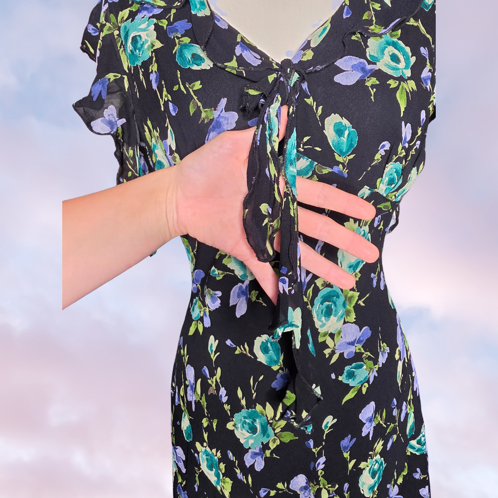 Vtg 90s Floral Ruffle Black Blue Green Formal Cocktail Rayon Asymmetric Dress S - Picture 3 of 9